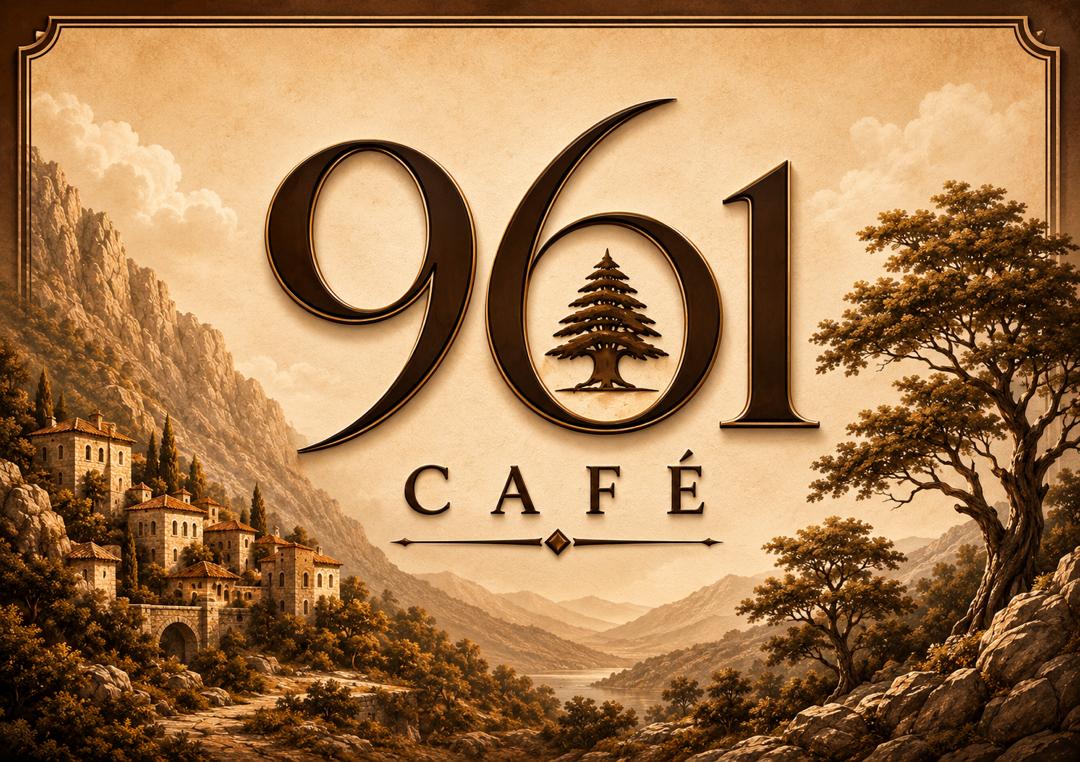 961 Café brand artwork: illustrated Lebanese cedar tree above a mountain village in warm sepia tones, evoking the café's heritage